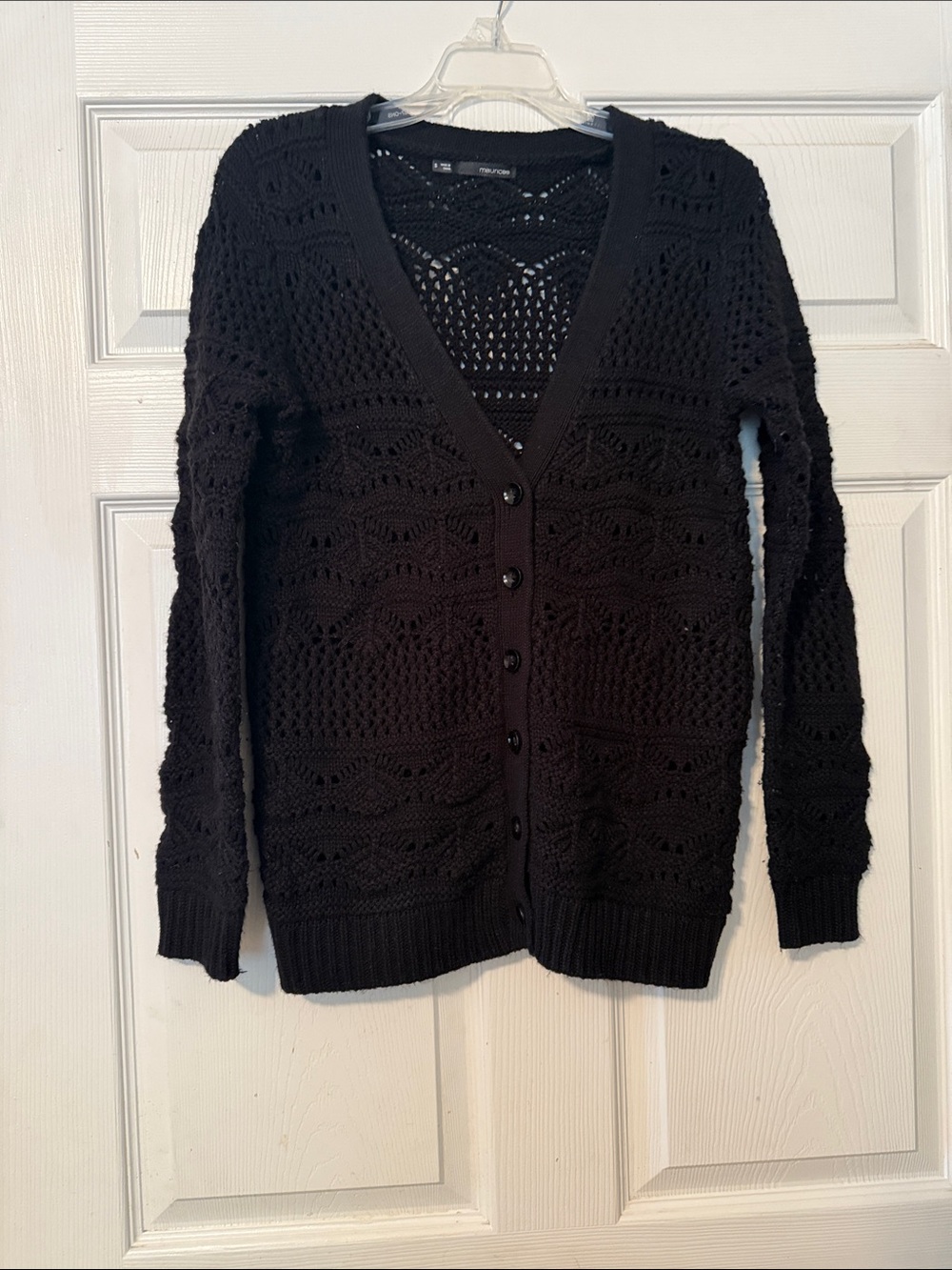 Black Open-Weave Button-Front Cardigan Sweater